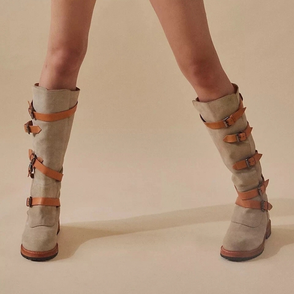 Free People Tristie Tan and Gray Leather Buckle Tall Women's Boots 7